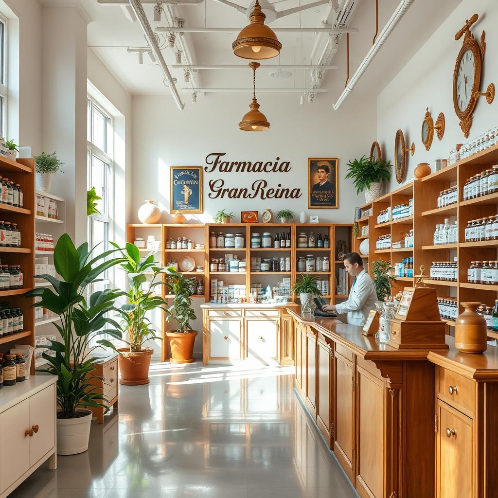 A cozy and inviting pharmacy interior that combines modern design with charming vintage pharmacy elements