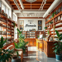 A cozy and inviting pharmacy interior that combines modern design with charming vintage pharmacy elements