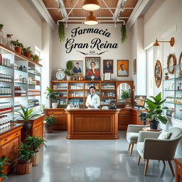 A cozy and inviting pharmacy interior that combines modern design with charming vintage pharmacy elements