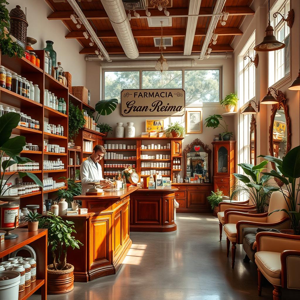 A cozy and inviting pharmacy interior that combines modern design with charming vintage pharmacy elements