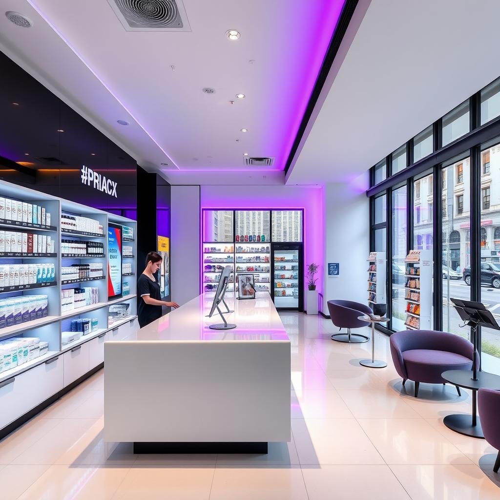 A sleek and modern pharmacy interior on Gran Vía in Madrid, featuring a contemporary design with clean lines and an open layout