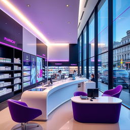 A sleek and modern pharmacy interior on Gran Vía in Madrid, featuring a contemporary design with clean lines and an open layout