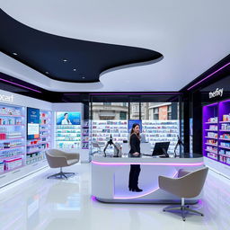 A sleek and modern pharmacy interior on Gran Vía in Madrid, featuring a contemporary design with clean lines and an open layout