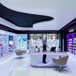 A sleek and modern pharmacy interior on Gran Vía in Madrid, featuring a contemporary design with clean lines and an open layout