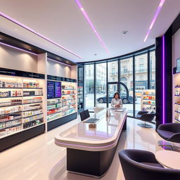 A sleek and modern pharmacy interior on Gran Vía in Madrid, featuring a contemporary design with clean lines and an open layout