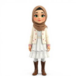 A cartoon 3D character of a 30-year-old woman standing in front of a white background