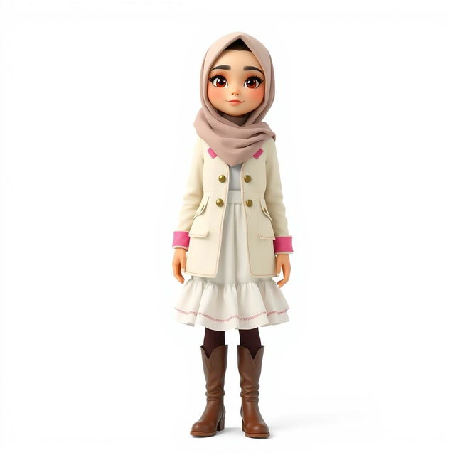 A cartoon 3D character of a 30-year-old woman standing in front of a white background