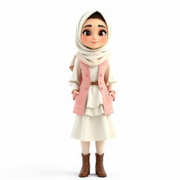 A cartoon 3D character of a 30-year-old woman standing in front of a white background