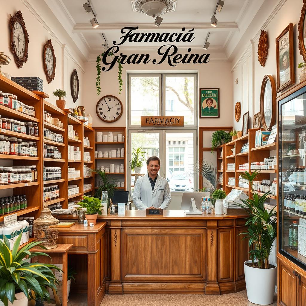 A cozy and inviting pharmacy interior located on Gran Vía in Madrid, featuring a blend of modern design and charming vintage pharmacy elements