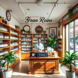 A cozy and inviting pharmacy interior located on Gran Vía in Madrid, featuring a blend of modern design and charming vintage pharmacy elements