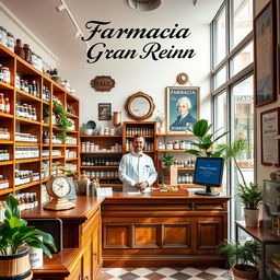 A cozy and inviting pharmacy interior located on Gran Vía in Madrid, featuring a blend of modern design and charming vintage pharmacy elements