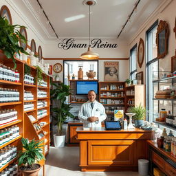 A cozy and inviting pharmacy interior located on Gran Vía in Madrid, featuring a blend of modern design and charming vintage pharmacy elements