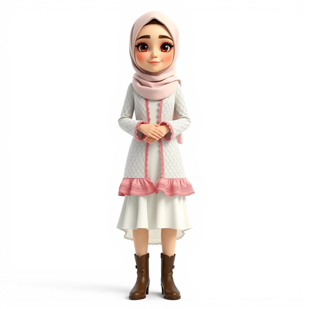 A cartoon 3D character of a 30-year-old woman standing with folded hands in front of a white background