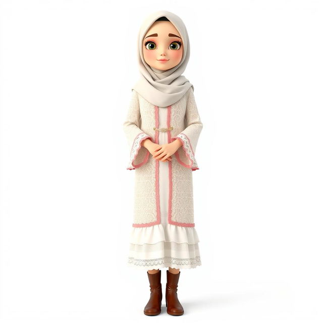 A cartoon 3D character of a 30-year-old woman standing with folded hands in front of a white background