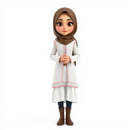 A cartoon 3D character of a 30-year-old woman standing with folded hands in front of a white background