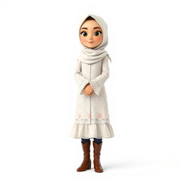 A cartoon 3D character of a 30-year-old woman standing with folded hands in front of a white background