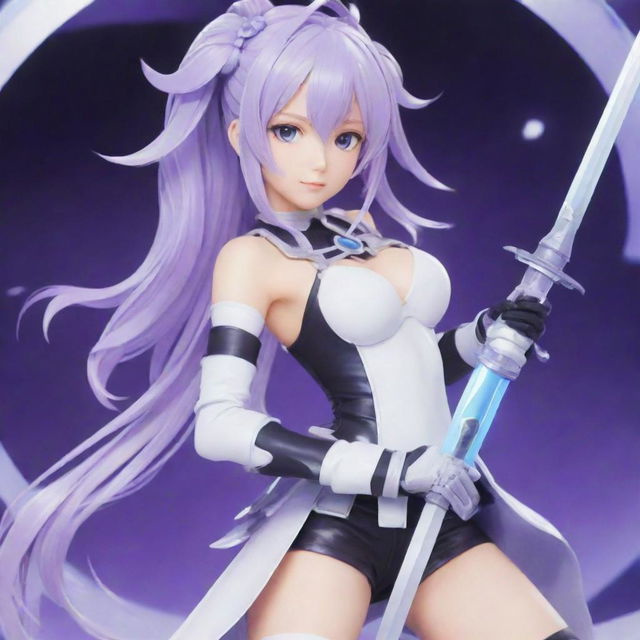 Create an illustration of Neptune from Hyperdimension Neptunia: a young girl with flowing, lilac hair, wearing a futuristic, black and white ensemble, and holding a shining, oversized sword against a digital, game-like background.