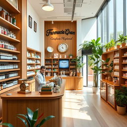 A cozy and modern pharmacy interior that artfully blends contemporary design with charming vintage pharmacy elements