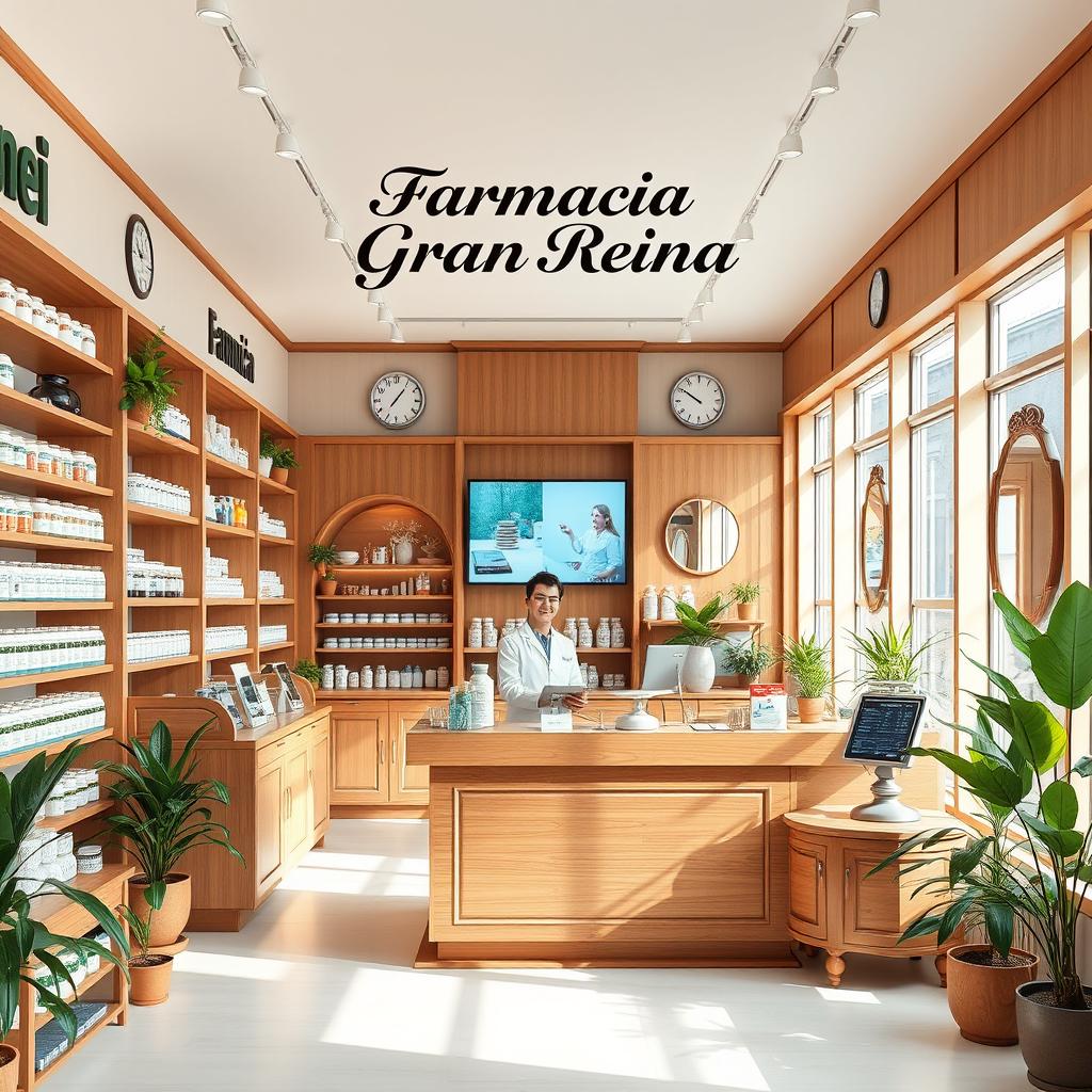 A cozy and modern pharmacy interior that artfully blends contemporary design with charming vintage pharmacy elements