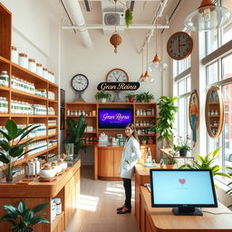 A cozy and modern pharmacy interior that artfully blends contemporary design with charming vintage pharmacy elements