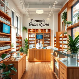 A cozy and modern pharmacy interior that artfully blends contemporary design with charming vintage pharmacy elements