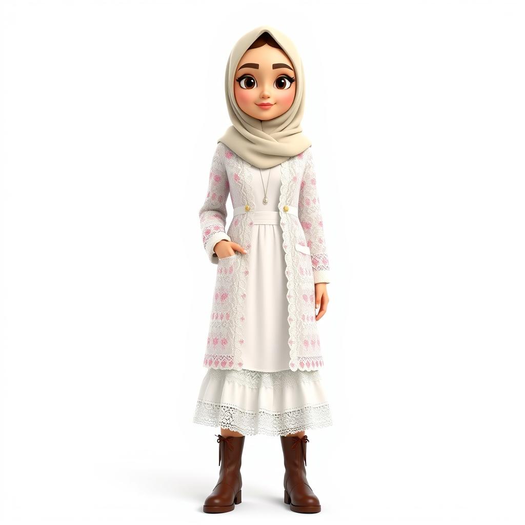 A cartoon 3D character of a 30-year-old woman standing in front of a white background