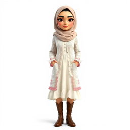 A cartoon 3D character of a 30-year-old woman standing in front of a white background