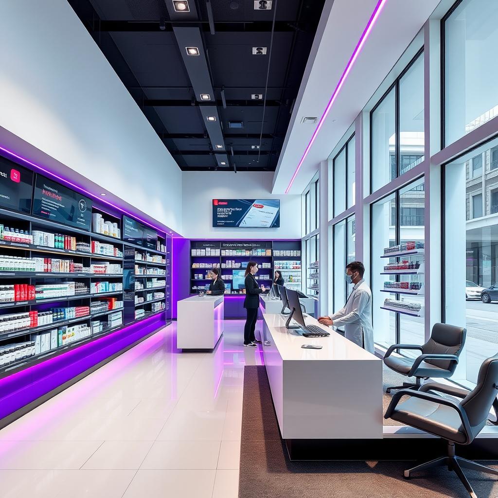 A sleek and modern pharmacy interior on Gran Vía in Madrid, designed with contemporary aesthetics and an open layout