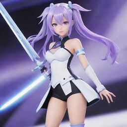 Create an illustration of Neptune from Hyperdimension Neptunia: a young girl with flowing, lilac hair, wearing a futuristic, black and white ensemble, and holding a shining, oversized sword against a digital, game-like background.