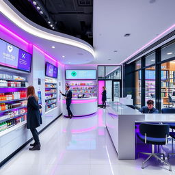 A sleek and modern pharmacy interior on Gran Vía in Madrid, designed with contemporary aesthetics and an open layout