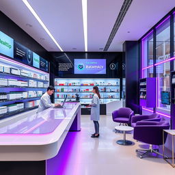 A sleek and modern pharmacy interior on Gran Vía in Madrid, designed with contemporary aesthetics and an open layout