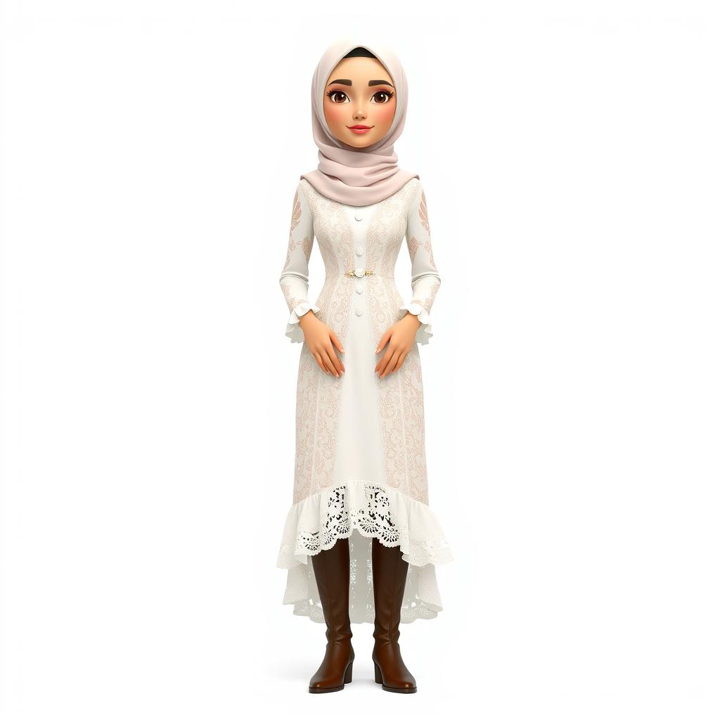 A cartoon 3D character of a 30-year-old woman standing in front of a white background