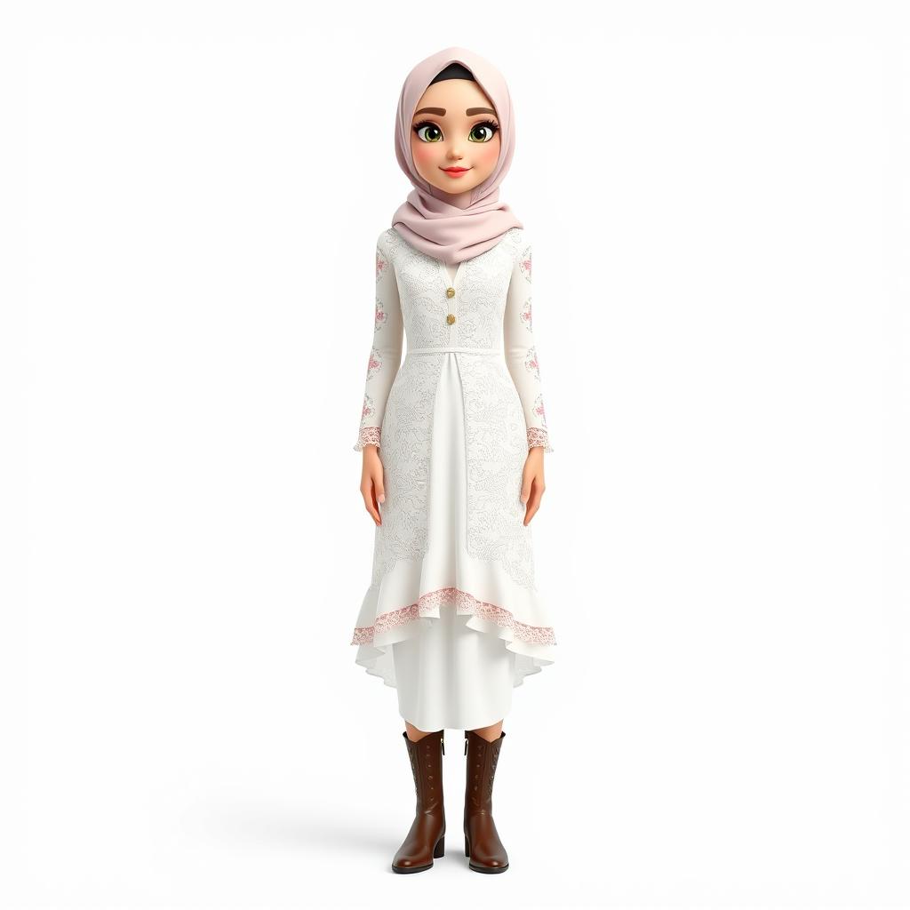 A cartoon 3D character of a 30-year-old woman standing in front of a white background