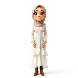 A cartoon 3D character of a 30-year-old woman standing in front of a white background