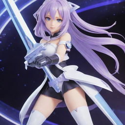 Create an illustration of Neptune from Hyperdimension Neptunia: a young girl with flowing, lilac hair, wearing a futuristic, black and white ensemble, and holding a shining, oversized sword against a digital, game-like background.