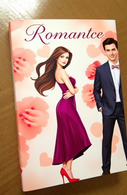 A romantic book cover featuring a girl with long brown hair wearing a plum-colored dress and high heels, standing confidently