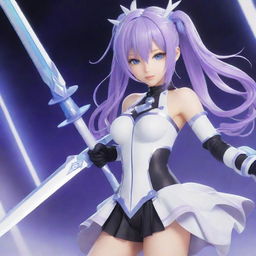 Create an illustration of Neptune from Hyperdimension Neptunia: a young girl with flowing, lilac hair, wearing a futuristic, black and white ensemble, and holding a shining, oversized sword against a digital, game-like background.