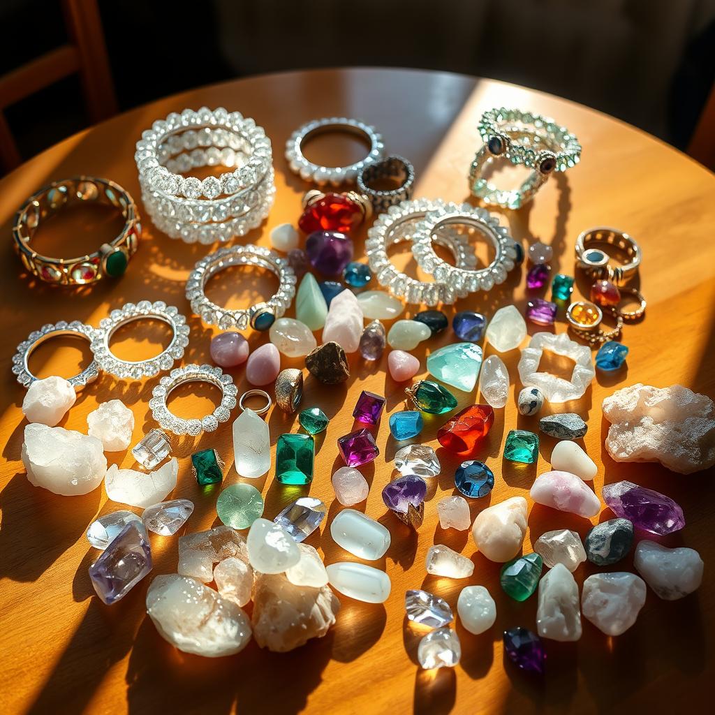 A beautifully arranged table filled with an assortment of stunning crystal bracelets shimmering in the light, along with an array of colorful crystal rings, and various natural crystal stones exhibiting their unique shapes and colors