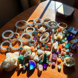 A beautifully arranged table filled with an assortment of stunning crystal bracelets shimmering in the light, along with an array of colorful crystal rings, and various natural crystal stones exhibiting their unique shapes and colors