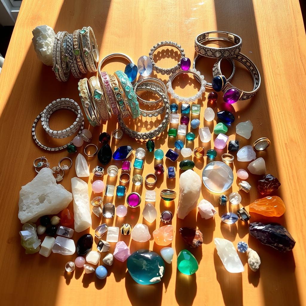 A beautifully arranged table filled with an assortment of stunning crystal bracelets shimmering in the light, along with an array of colorful crystal rings, and various natural crystal stones exhibiting their unique shapes and colors