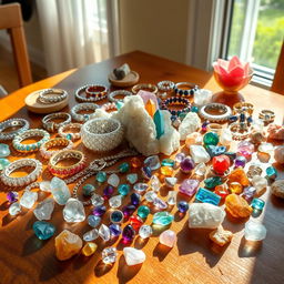 A beautifully arranged table filled with an assortment of stunning crystal bracelets shimmering in the light, along with an array of colorful crystal rings, and various natural crystal stones exhibiting their unique shapes and colors