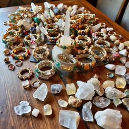 A elegantly set table filled with a stunning array of crystal stone bracelets, each uniquely designed with various colored stones that glimmer in the light