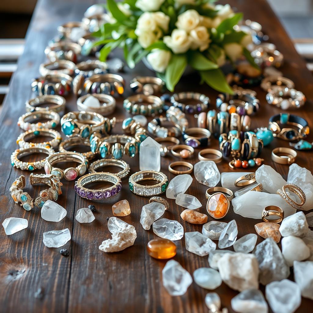 A elegantly set table filled with a stunning array of crystal stone bracelets, each uniquely designed with various colored stones that glimmer in the light