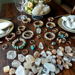 A elegantly set table filled with a stunning array of crystal stone bracelets, each uniquely designed with various colored stones that glimmer in the light