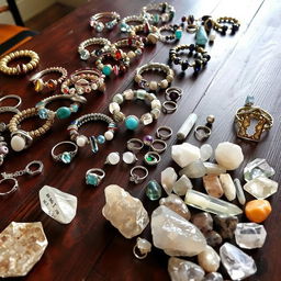 A elegantly set table filled with a stunning array of crystal stone bracelets, each uniquely designed with various colored stones that glimmer in the light