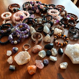 A beautifully set table overflowing with an exquisite collection of crystal stone bracelets made from amethyst, rose quartz, tiger's eye, and obsidian, each piece radiating with its unique color and texture