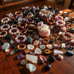 A beautifully set table overflowing with an exquisite collection of crystal stone bracelets made from amethyst, rose quartz, tiger's eye, and obsidian, each piece radiating with its unique color and texture