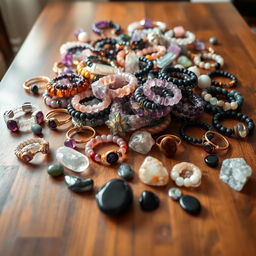 A beautifully set table overflowing with an exquisite collection of crystal stone bracelets made from amethyst, rose quartz, tiger's eye, and obsidian, each piece radiating with its unique color and texture