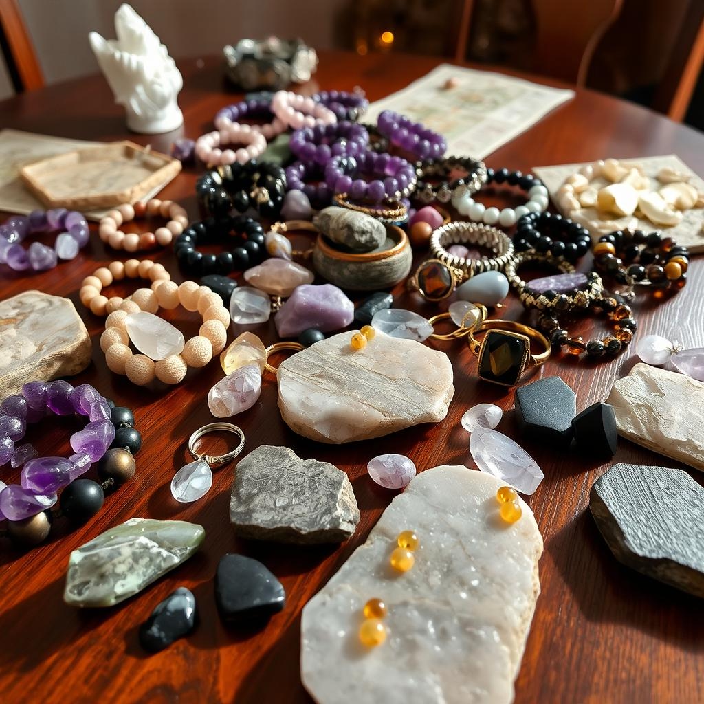 A beautifully set table overflowing with an exquisite collection of crystal stone bracelets made from amethyst, rose quartz, tiger's eye, and obsidian, each piece radiating with its unique color and texture