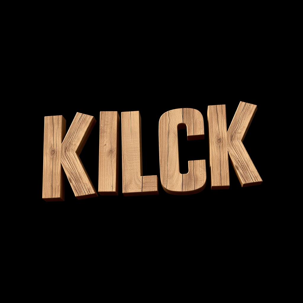 A 2D artistic representation of the word "KICK" crafted from wooden planks, set against a stark black background